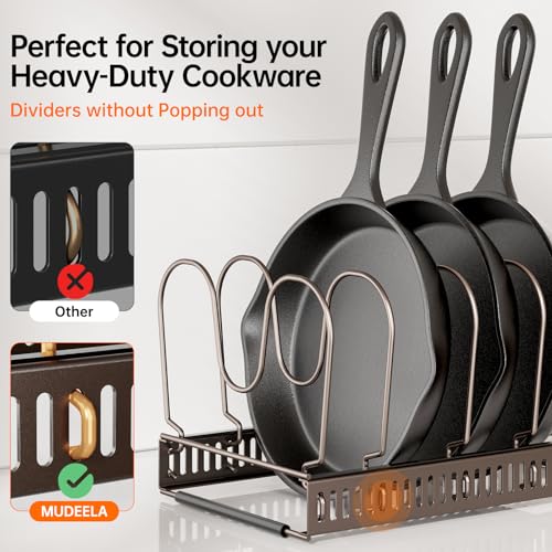MUDEELA Pots and Pans Organizer under Cabinet, Expandable Pan Lids Organizers inside Cabinet with 12 Adjustable Dividers, Kitchen Storage Organization Pot Holder Cookie Sheet, Cutting Board Organizer - style: 12 Dividers-Bronze