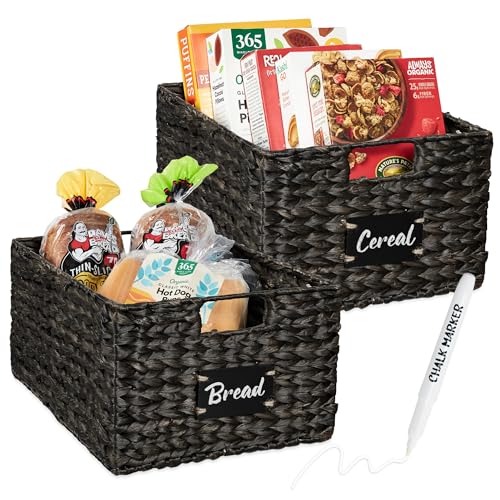 Best Choice Products Pantry Baskets Set of 2 16x12in Water Hyacinth Storage Baskets, Woven Wicker Kitchen Organizers with handles w/Chalkboard Label Chalk Marker - Black - color: Black, size: 12x16x8in