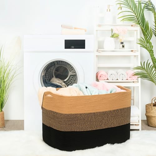 MINTWOOD Design 112L Extra Large Blanket Basket Holder Living Room, 25"x17"x16" Rectangle Rope Woven Storage Basket with Handles for Laundry, Pool Towels, Shoes, Dog Toy Organizer Bin Box, Black Jute - color: Black Jute