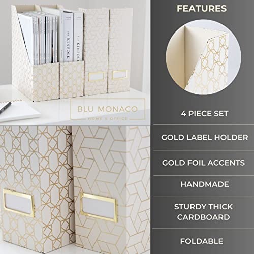 BLU MONACO | Cardboard Magazine File Holder Set of 4 | Vertical Magazine File Holder for Desk and Shelves | Cream Gold Foldable Magazine Holders with Label Slots - color: Cream Gold Woven