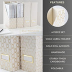 BLU MONACO | Cardboard Magazine File Holder Set of 4 | Vertical Magazine File Holder for Desk and Shelves | Cream Gold Foldable Magazine Holders with Label Slots - color: Cream Gold Woven