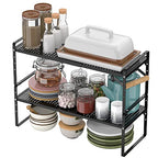 Expandable Kitchen Cabinet Shelf Organizers, Stackable Metal Pantry Storage Shelves Rack, Adjustable Counter Spice Shelf for Cabinets, Countertop, Cupboard, 2 Pack, Black - color: Black-2pack
