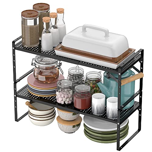 Expandable Kitchen Cabinet Shelf Organizers, Stackable Metal Pantry Storage Shelves Rack, Adjustable Counter Spice Shelf for Cabinets, Countertop, Cupboard, 2 Pack, Black - color: Black-2pack