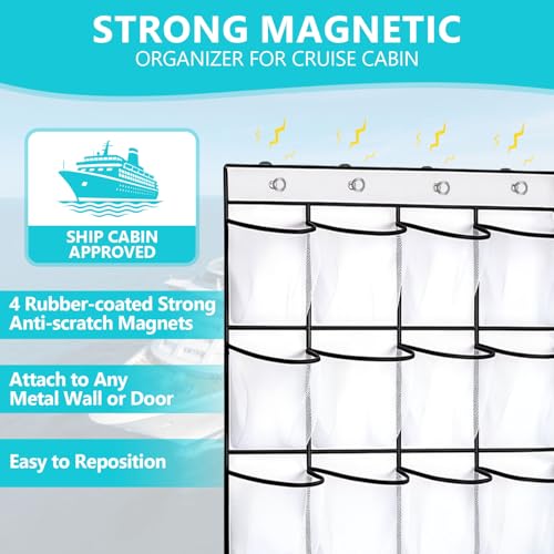 Esoes Cruise Ship Magnetic Door Organizer, 24 Pockets Magnetic Behind the Door Shoe Rack-4 Strong Anti-Scratch Magnets, Over the Door Organizer Cruise Essentials Storage for Cruise Cabin Travel