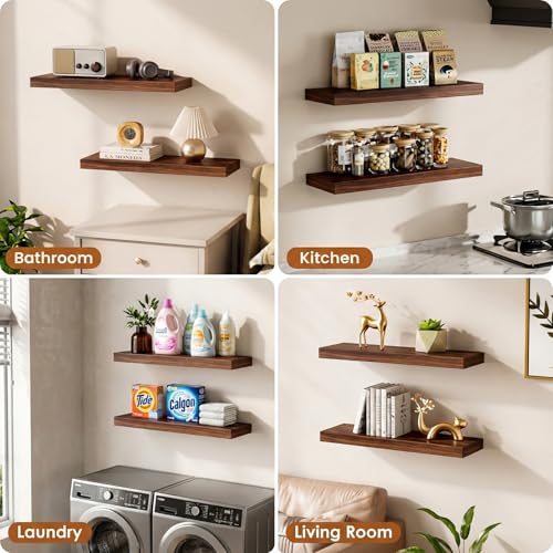 Floating Shelves for Wall Rustic Farmhouse 24 Inch Floating Shelf Wooden Shelves for Wall Pine Wood Shelf with Unique Natural Grain for Living Room Bedroom Kitchen (Espresso) - color: Espresso - Flat Edge, size: 24 inch - 2pcs