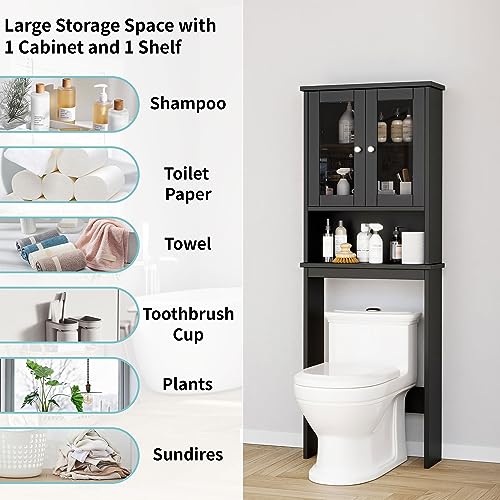 Shintenchi Over The Toilet Storage Cabinet, Bathroom Shelf Organizer with Anti-Tip Device Small Freestanding Space Saver with Adjustable Shelf and Glass Door, Black - color: Black, size: Glass Door