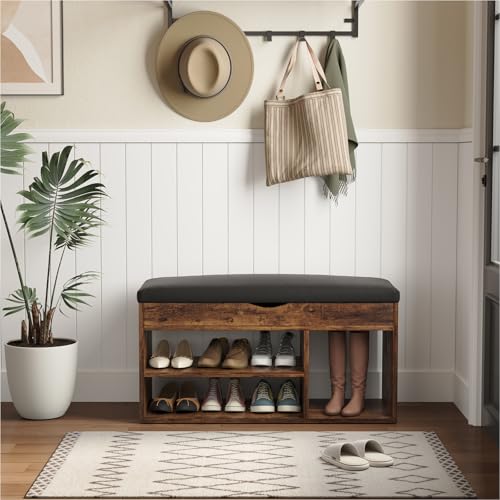 Apicizon 31 Inches Storage Bench with Padded Cushion, Shoe Bench with Storage Space, Upholstered Entryway Bench for Living Room, 2-Tier Shoe Rack Organizer, Brown - color: Brown, size: 31 Inch