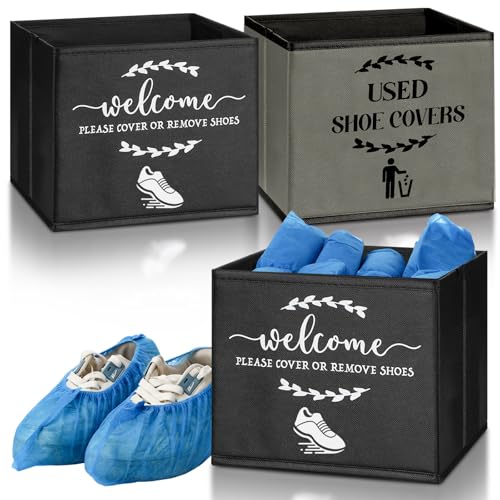 2 Pcs Shoe Cover Boxes Dispenser Foldable Storage Bins, Used Shoe Covers and Welcome Please or Remove Sign Entryway Basket Holder for Open House Supplies(Dark Gray, Black) - color: Dark Gray, Black