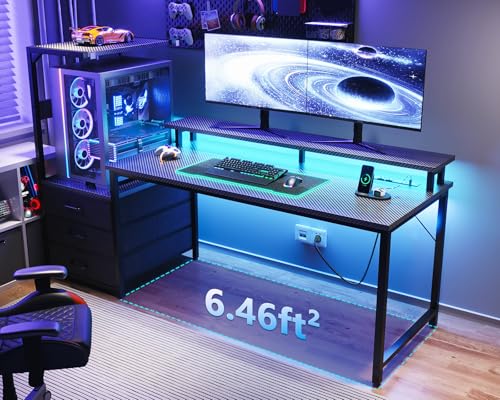 AODK 63 inch Gaming Desk with PC Display Stand, Reversible Steel Wood Computer Desk for Gaming Setup, Tiered Design to Show Off Your PC Tower & Accessories, Black - color: Black, size: 63 inches