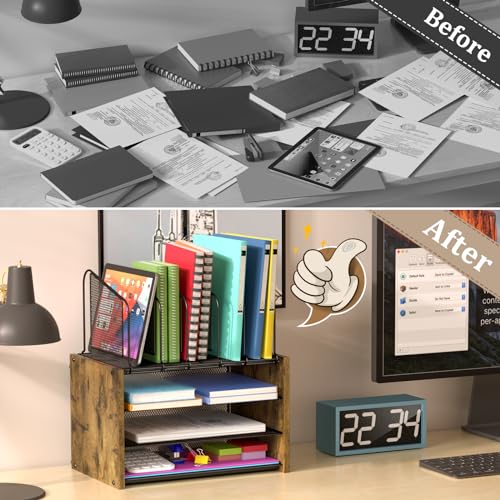4-Tier Desk Organizer, Desk File Organizer with 5 Vertical File Holders, Office Desktop Organizer with 3 Level Paper Organizer Letter Tray, Wooden Desk Organizers and Accessories for Home Office - size: No Drawer