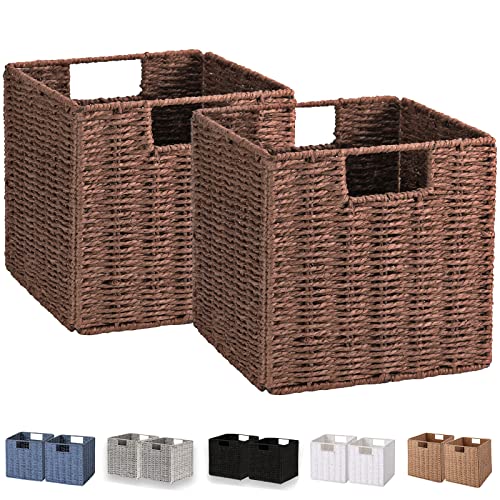 Vagusicc Wicker Storage Basket, Set of 2 Hand-Woven Storage Baskets for Shelves, Foldable Cube Storage Baskets Bins with Handles, 9 inch Small Wicker Baskets for Organizing Pantry Bedroom, Brown - color: Brown, size: 9'' x 9'' x 9''
