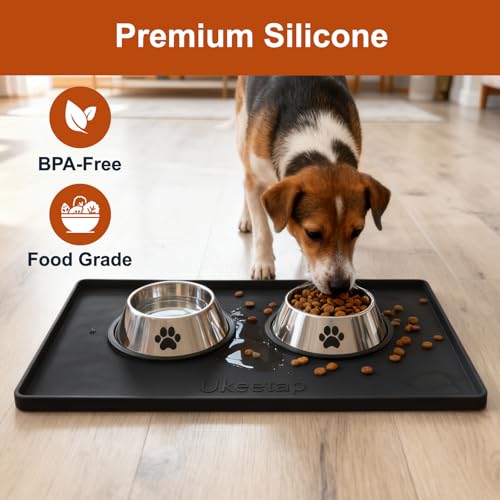 ukeetap Extra Thick Silicone Mat Waterproof with Raised Edge 19” x 12”, BPA Free Non-Slip Dog & Cat Food Mat, Feeding Mat for Food and Water Bowls, Spill Proof Mat to Protect Floors, Black - color: Black, size: 19"L x 12"W