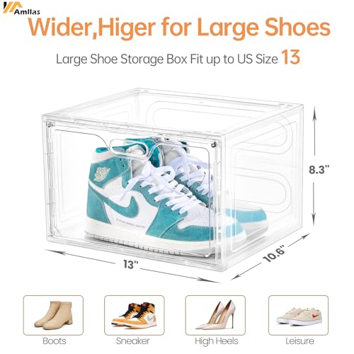 Amllas 8 Pack Shoe Boxes Clear Plastic Stackable, Large Shoe Storage Organizer with Lids,Drop Side Shoe Containers for Entryway,Sneaker Storage Fit up to US Size 13 (13’’x 10.6”x 8.3”) - color: Clear