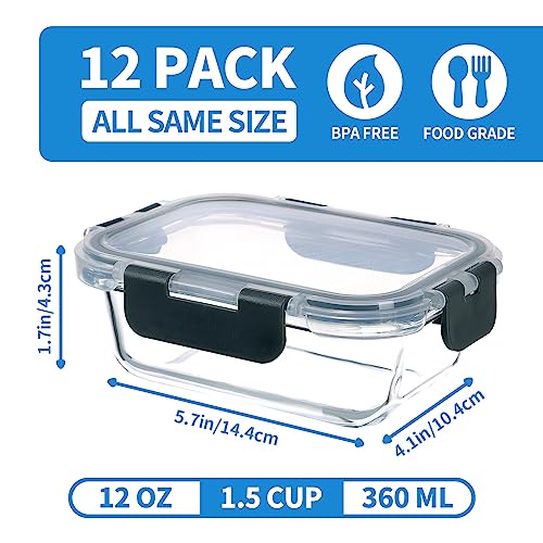 GULFLIN 24-Piece Small Glass Food Storage Containers with Lids Airtight, 1.5 Cup Meal Prep Containers Set, Microwave&Dishwasher Safe, Leak-Proof, BPA-Free, Grey - color: 12oz,Same Size - 12 Pack,Grey Set