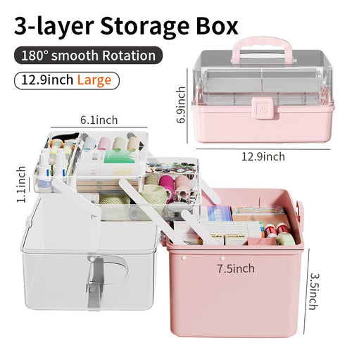 12.9in Three-Layer Multipurpose Storage Box with Handle Portable Tackle Box Folding Art & Craft Case Sewing Supplies Organizer for Makeup, Medicine, Nail, Hair Accessories(Blue) - color: Blue