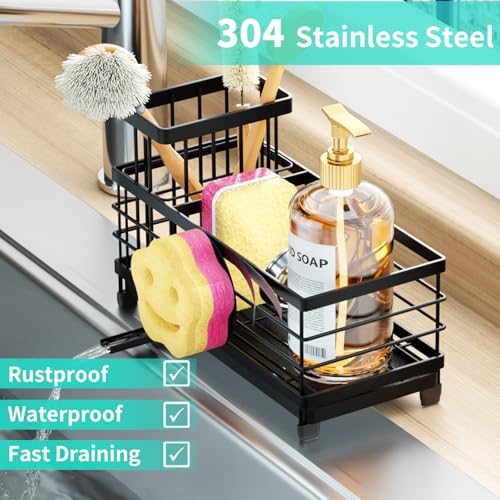 HapiRm Sponge Holder for Kitchen Sink - Self-draining Sink Caddy with Smiley Face and Brush Holder, Stainless Steel Kitchen Countertop Essentials and Gadgets - Black - color: Black, size: with Smiley Face Sponge Holder（single）