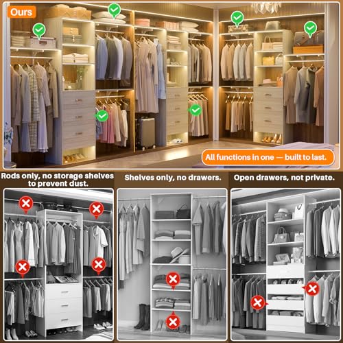 Armocity 96 Inches Closet System, 8FT Walk In Closet Organizer with 3 Shelving Towers, Heavy Duty Clothes Rack with 3 Drawers, Built-In Garment Rack, 96"L x 16"W x 75"H, Load 1000 LBS, White Oak - color: White Oak