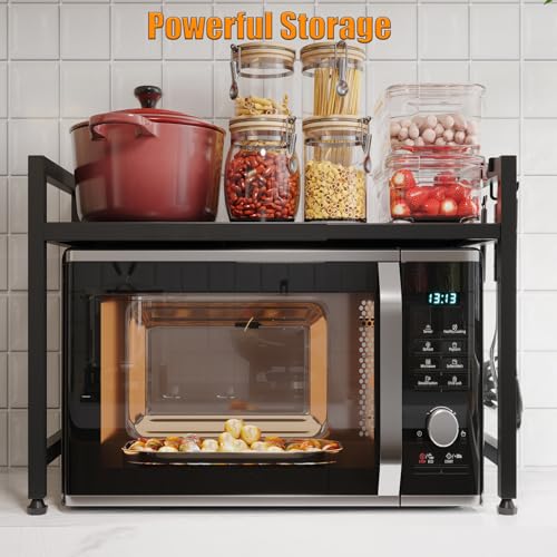 Extendable Microwave Oven Stand, Adjustable Microwave rack Toaster Shelf, Heavy Duty Rack 2 Tier Kitchen Counter Top Organizer with 6 Hooks for Kitchen - color: Black