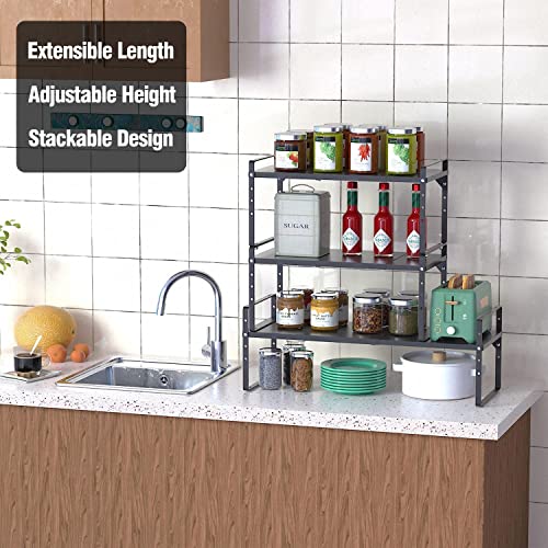Expandable Kitchen Cabinet Storage Shelf, Stackable Metal Pantry Storage Shelves Organizer, Adjustable Height Counter Spice Rack for Kitchen Cabinet, Countertop, Pantry and Office - color: Black-1pack, size: Large - L16.5-27'' * W10.2'' * H9.6''