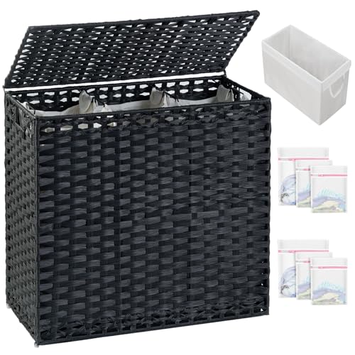 SETVSON Laundry Hamper with Lid Laundry Basket 132 L (35 Gal) Wicker Clothes Hamper, Handwoven Rattan Hamper with Handles and 4 Removable Liner Bags, 6 Mesh Bags for Laundry Bedroom Black - color: Black, size: 35.0 Gal