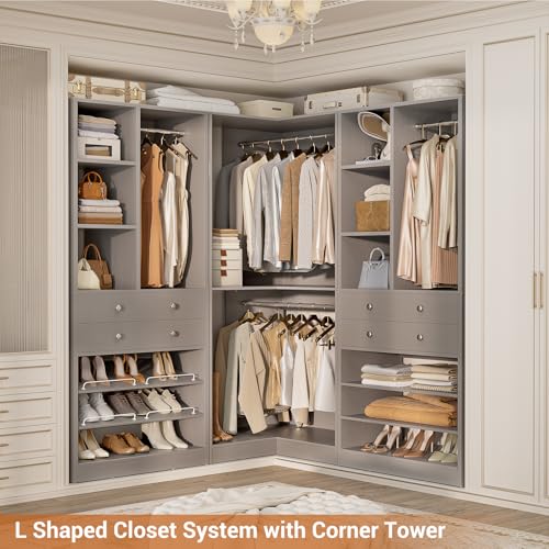 Closet System with 4 Drawers and Hanging Rods, 59.5"L / 87"L Closet Organizer System with Corner Tower, L Shaped Walk-in Closet System, Corner Closet System with Shelves, Set of 3, Morandi Grey - color: Morandi Grey, size: 59.5" * 59.5"