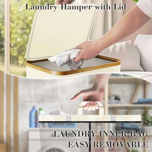 Laundry Hamper with Wheels,20 Gal (75L) Laundry Basket with lid Rolling Clothes Hamper Foldable Dirty Clothes Basket on wheels with Bamboo Frame and Bag for Bedroom, Dorm, Laundry Room-Off White - color: off White, size: 75 L