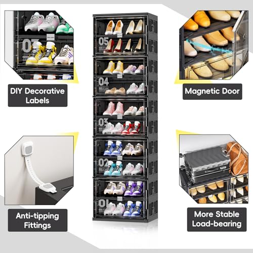 JEKO&JEKO 10 Tiers Foldable Shoe Rack Organizer Cabinet for Closet Entryway, Large Collapsible Shoe Storage Box with Magnetic Doors Fits Up to 20 Pairs (Black) - color: Single-row, size: 10 Tiers