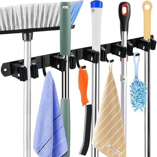Huryfox Mop and Broom Holder Wall Mounted - Sturdy Stainless Steel Rack with Utility Hooks, 5 Racks, 4 Hooks Adjustable Design and Multiple Storage Organiser Options, Perfect for Kitchen - size: 5 Racks and 4 Hooks