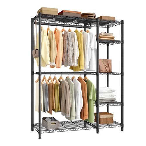 SONGMICS Clothing Rack, Heavy-Duty Garment Rack with Adjustable Storage Shelves and Hanging Rails, Hooks, Freestanding Portable Wardrobe Closet, Ink Black ULGR426BH01S - color: Ink Black, size: 45"L x 76.4"H, style: Without Fabric Cover