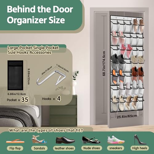 PAULONE 35 Pocket Over the Door Shoe Organizer,Reusable Breathable Large Mesh Bag Men's & Women's Sneaker Organizer,Shoe Organizer for Kids,Hanging Shoe Storage Hanging Bag -White - color: White
