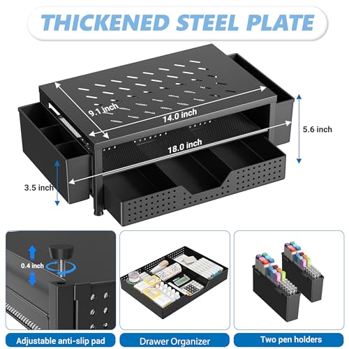 OPNICE Laptop Stand Desk Organizer, 2-Tier Metal Monitor Stand Riser with Drawer & 2 Pen Holders, Ventilated Perforated Steel Top, Office Desk Accessories for Home Office, Black - color: Black – Perforated Steel Top