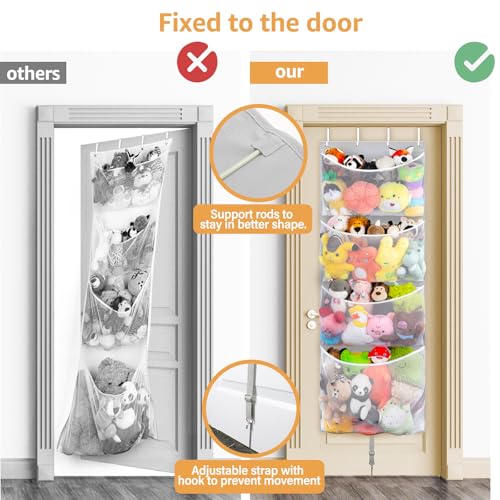 Woodoulogy Hanging Stuffed Animal Storage, Over Door Large Plush Toy Organizer with Metal Hook, Baby Accessory Holder Idea for Nursery, Doll & Bear Mesh Hammock Bag for Girl Boy Kid Room - color: Grey