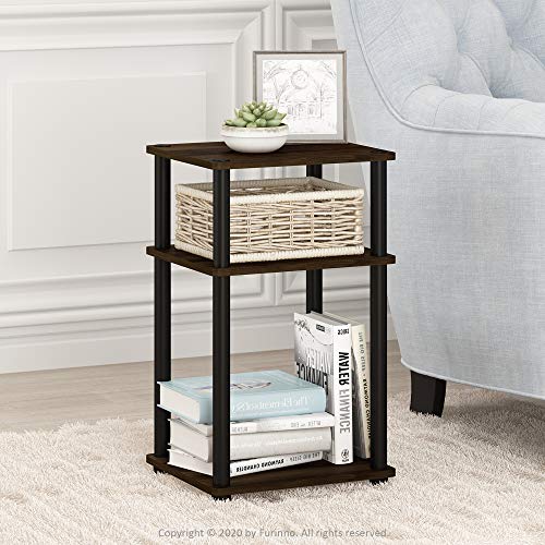 Furinno JUST Side Table, 3-Tier End Table, Open Shelves Night Stand, Bedside Table, Toolless Assembly, for Living Room, Bedroom, Bathroom, Columbia Walnut - color: Columbia Walnut/Black, size: 3-Tier, Round Pole, style: 1-Pack