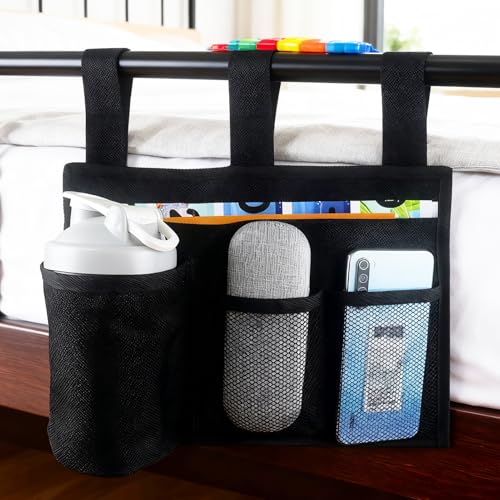 Hanging Bedside Caddy, Bedside Organizer Bunk Bed Storage Bag Hanging Pocket for Camp Dorms & Hospital Bed Rails More (Black 4 Pockets)