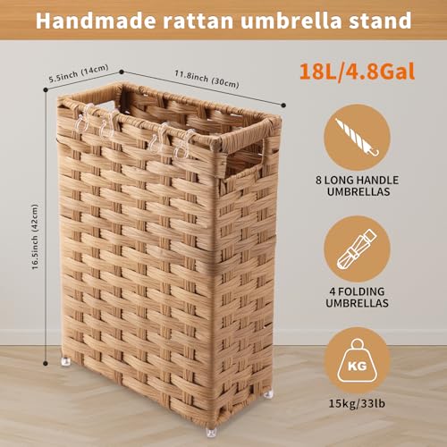 Rattan Umbrella Stand, Umbrella Holder for Entryway, Hand Woven Umbrella Rack Organizer Freestanding, with a Detachable Drip Tray, 4 Hooks, 11.8" L x 5.5" W x 16.5" H, Natural - color: Natural, size: M(11.8" L x 5.5" W)