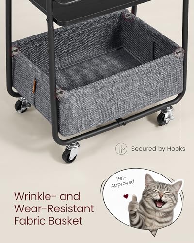 VASAGLE LILEA Collection - Storage Cart with Fabric Basket, 3-Tier Rolling Utility Cart with Wheels and Shelves, for Living Room Bedroom Kitchen, Ebony Black and Slate Gray ULRC001BE02 - color: Ebony Black + Slate Gray, style: 16.9"D x 11.8"W x 31.9"H