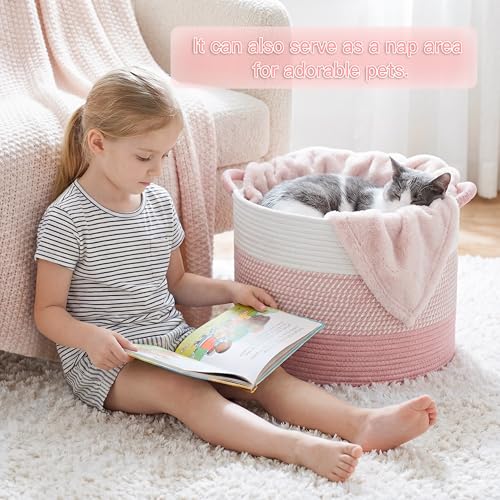 Artfeel 100L Large Cotton Rope Basket, Decorative Woven Blanket Storage for Living Room, Boho Toy Storage & Toy Box for Kids, Versatile Laundry Basket & Nursery Hamper for Blankets(Pink) - color: Pink, size: 100L