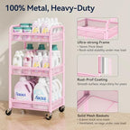 YASONIC 3 Tier Rolling Cart – Metal Utility Storage Cart with Wheels, Craft Cart Organizer with Hanging Cups, Hooks, Mesh Basket for Bedside Kitchen Office Art, Pink - color: Pink
