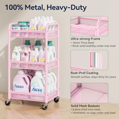 YASONIC 3 Tier Rolling Cart – Metal Utility Storage Cart with Wheels, Craft Cart Organizer with Hanging Cups, Hooks, Mesh Basket for Bedside Kitchen Office Art, Pink - color: Pink