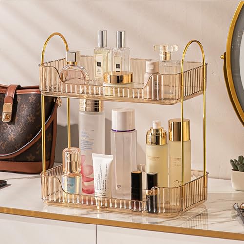 Aveniee Bathroom Counter Organizer, 2 Tier Perfume Skin Care Countertop Storage Shelf, Vanity Makeup Tray for Cosmetic Skincare Lotion, Gold - color: Amber Gold, size: 2 Tier