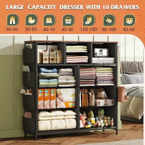 WLIVE Fabric Dresser for Bedroom with 10 Drawers, Chest of Drawers with Side Pockets and Hooks, Sturdy Metal Frame, Drawers Organizer Unit for Living Room, Hallway, Floral Painted - color: Floral Painted