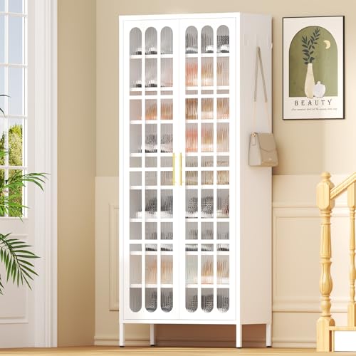 9-Tier Tall Metal Shoe Cabinet with Doors & Hooks, 67" Large Shoe Storage Organizer with Adjustable Shelves, Shoe Rack Holds 27-36 Pairs for Entryway, Hallway, Cloakroom (White) - color: White