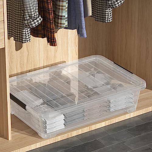 4 Packs Under Bed Storage Containers with Clear Lid, Large Stackable Plastic Latching Bins with Rolling Wheels, 40 Quart - size: 40L