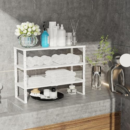 Jojocross Expandable Cabinet Shelf Organizer Storage Spice Rack Shelves for Kitchen Stackable Adjustable Pantry Cupboard Bathroom Countertop Desktop(1Pack/White/Medium-with Hole) - color: 1 Pack/White With Hole, size: MEDIUM:7.88"D x 16.6~26.5"W x 6.1"/7.