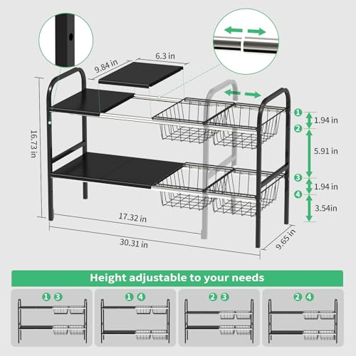 Expandable 2-Tier Under Sink Organizer, 8 Removable Plastic Boards, Tool-Free Installation (Black, 2-Tier 4 Boards and 4 Baskets) - color: Black, size: 2-TIER 4 Boards and 4 baskets