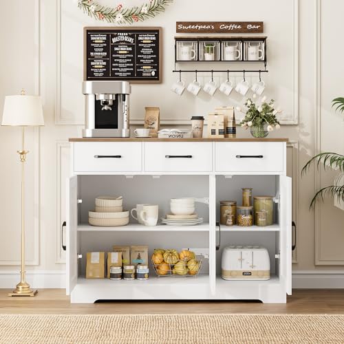 HOSTACK Modern Farmhouse Sideboard Buffet Cabinet, Barn Doors Buffet Storage Cabinet with Drawers and Shelves, Wood Coffee Bar with Storage for Kitchen, Dining Room, Living Room, White - color: White