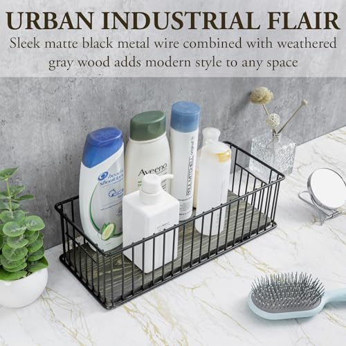 MyGift Modern Bathroom Storage Basket, Black Metal Wire Toilet Paper Holder with Vintage Gray Solid Wood Base, Toilet Tank Organizer Tray with Handles - color: Black / Vintage Gray