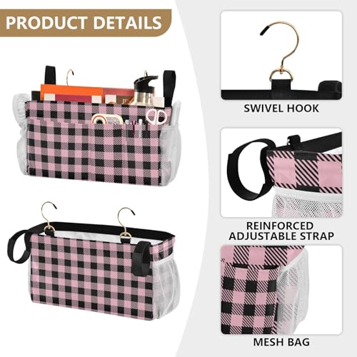 Buffalo Plaid Check Pink Print Bedside Caddy Storage Bag Bedside Organizer for Bunk Bed Headboards College Organizer Caddy Hanging Shelf 6 Pockets with Hooks for Drinks Magazine Phone Holder - color: Buffalo Plaid Check Pink