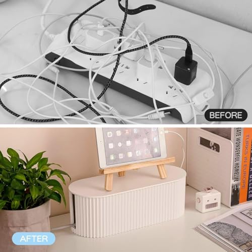 Cable Management Box,Desk Cord Organizer Box with Groove Cover,Plastic Cord Hider Box,Large Cable Box Organizer for Storaging Power Socket/TV/Computer/Router/Games Console Cable (White) - color: White