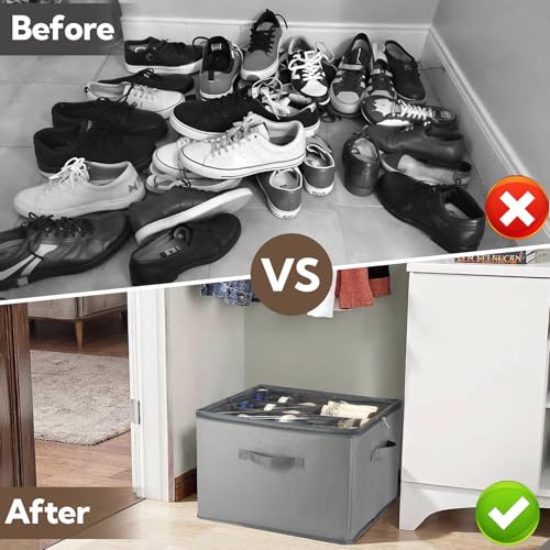 VZZNN Shoe Organizer for Closet, 2 Pack Foldable Shoe Storage Bins with Clear Cover and Adjustable Dividers, Fits up to 16 Pairs, Large Shoe Box Storage Containers with Reinforced Handles (grey) - color: Grey